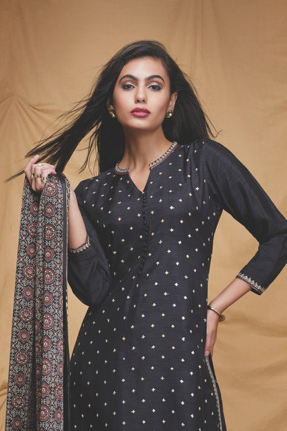 Black Mirror Work Straight Kurta Set with Printed Dupatta