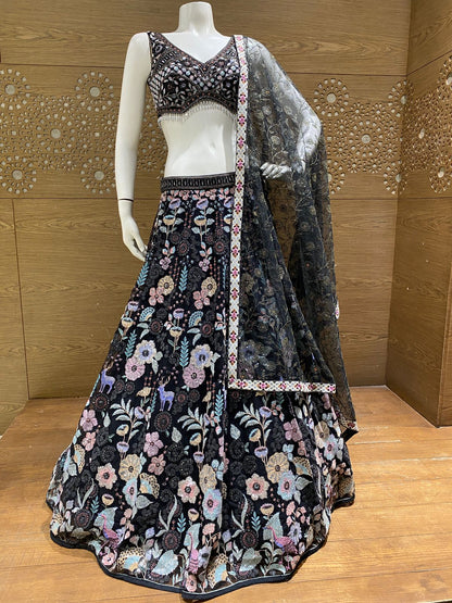 Black Multicolor Floral Embroidered Designer Lehenga Choli with Net Dupatta