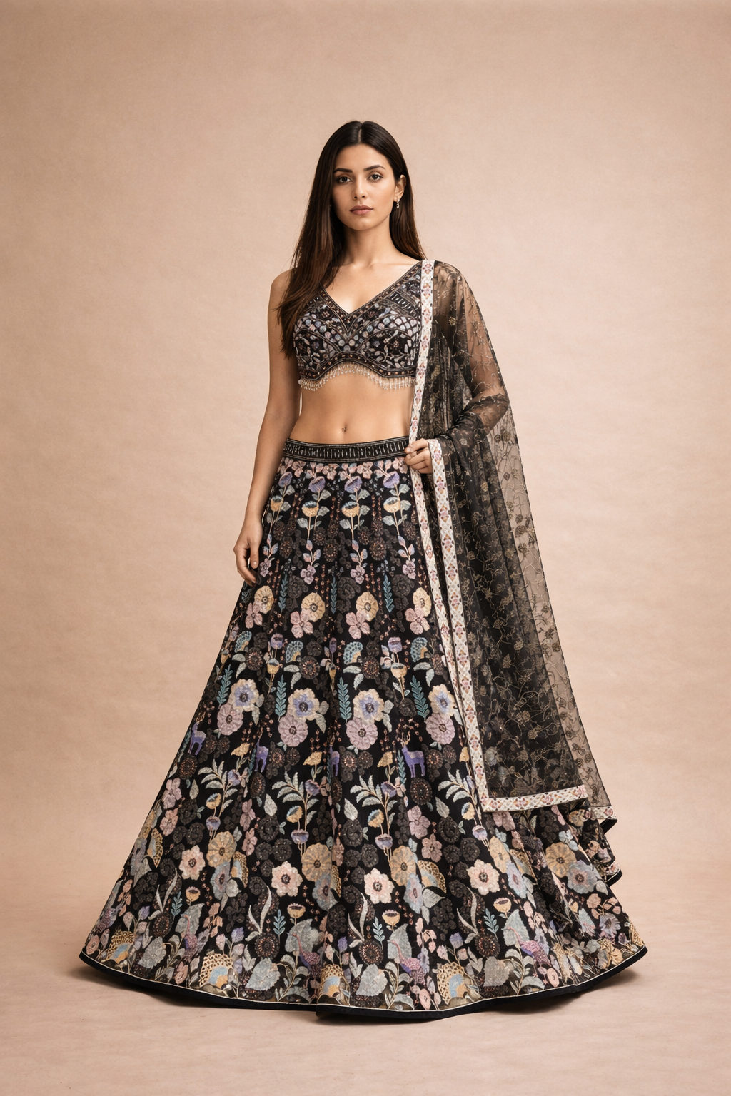 Black Multicolor Floral Embroidered Designer Lehenga Choli with Net Dupatta