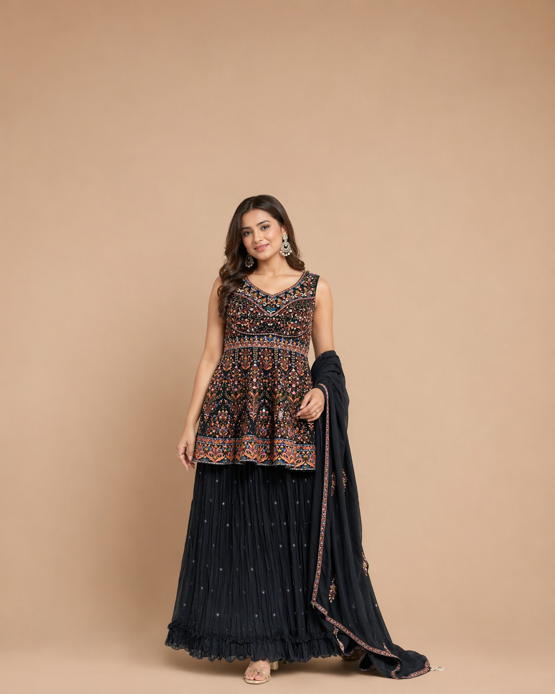 Black Multicolor Floral Embroidered Peplum Lehenga Set