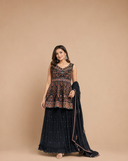 Black Multicolor Floral Embroidered Peplum Lehenga Set