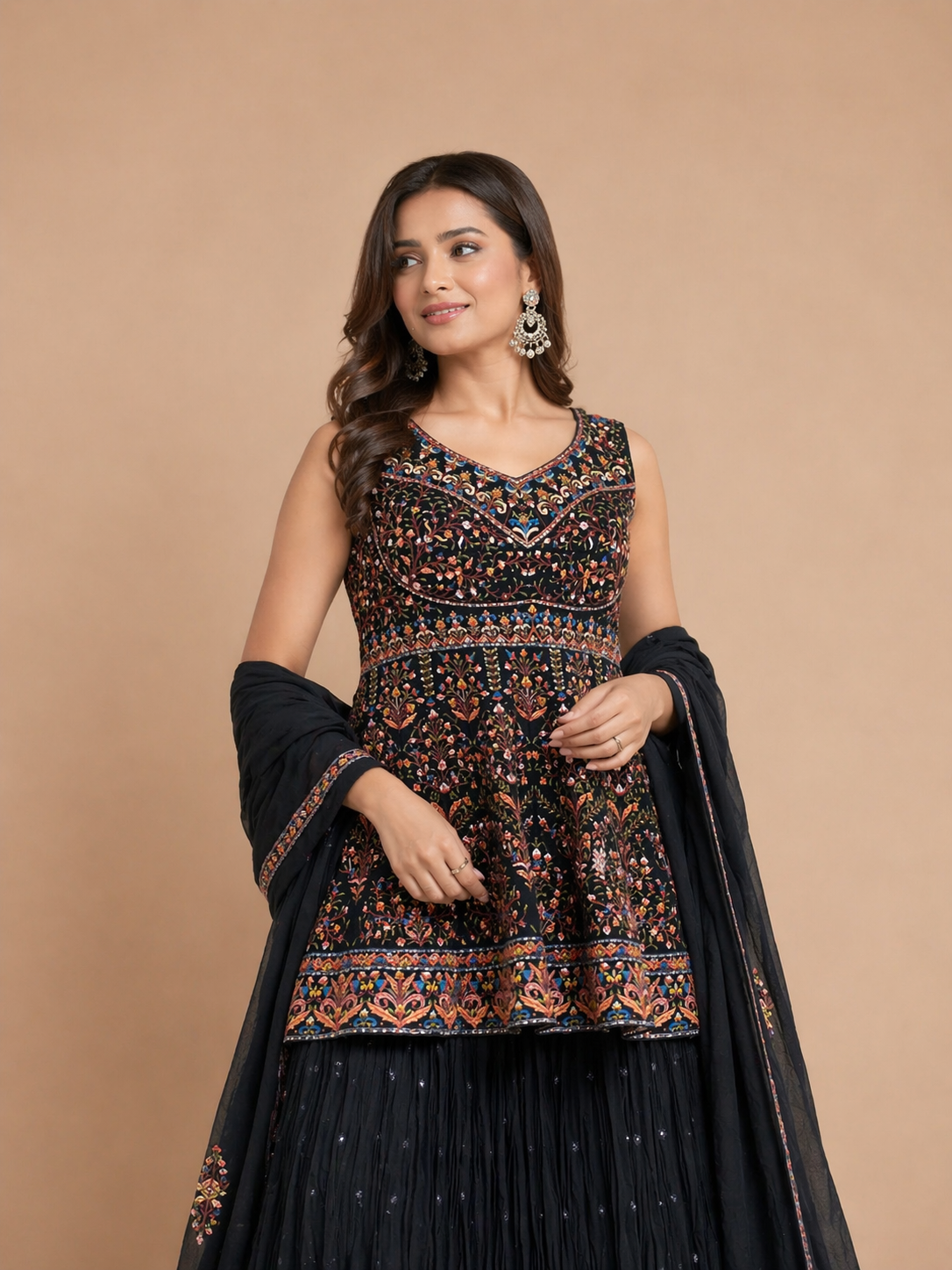 Black Multicolor Floral Embroidered Peplum Lehenga Set