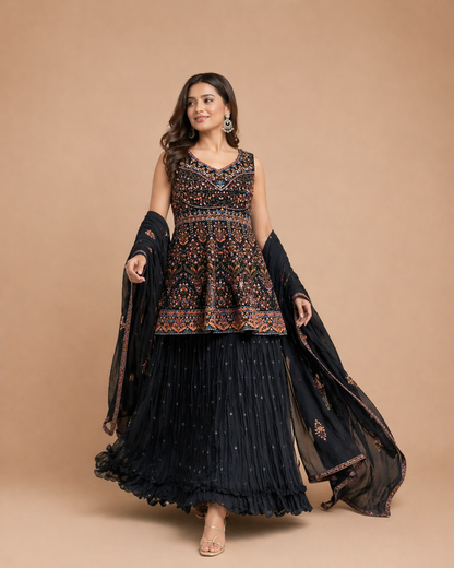 Black Multicolor Floral Embroidered Peplum Lehenga Set