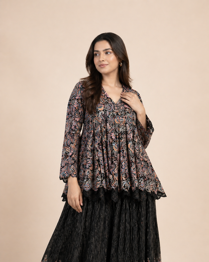 Black Multicolor Paisley Printed Peplum Top with Flared Lehenga Skirt Set