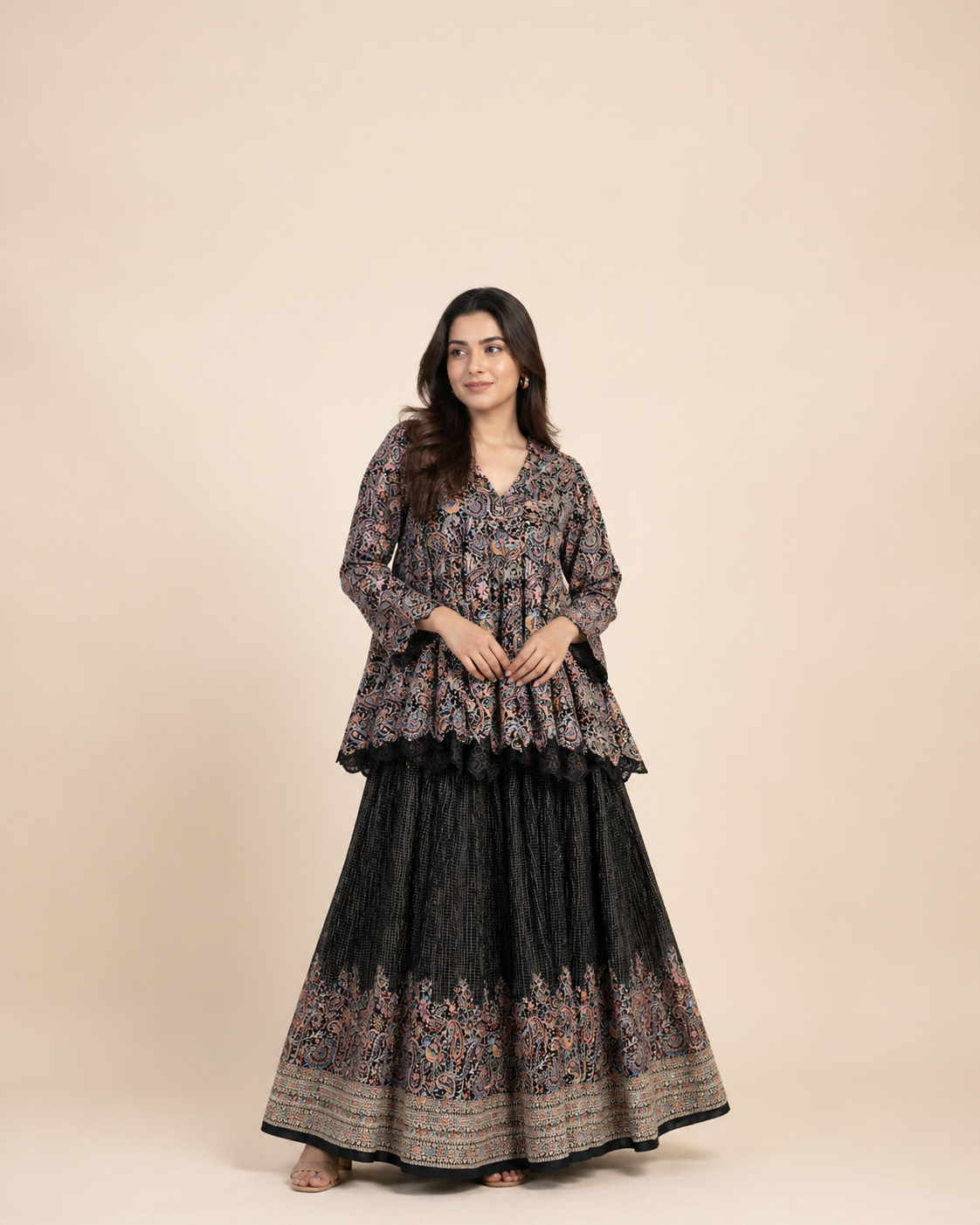Black Multicolor Paisley Printed Peplum Top with Flared Lehenga Skirt Set