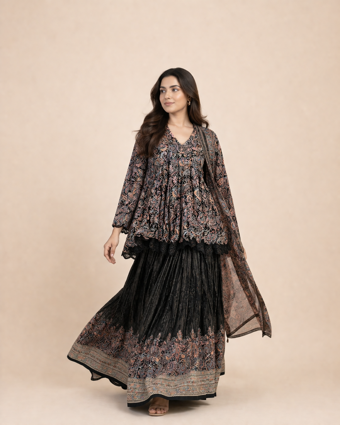 Black Multicolor Paisley Printed Peplum Top with Flared Lehenga Skirt Set