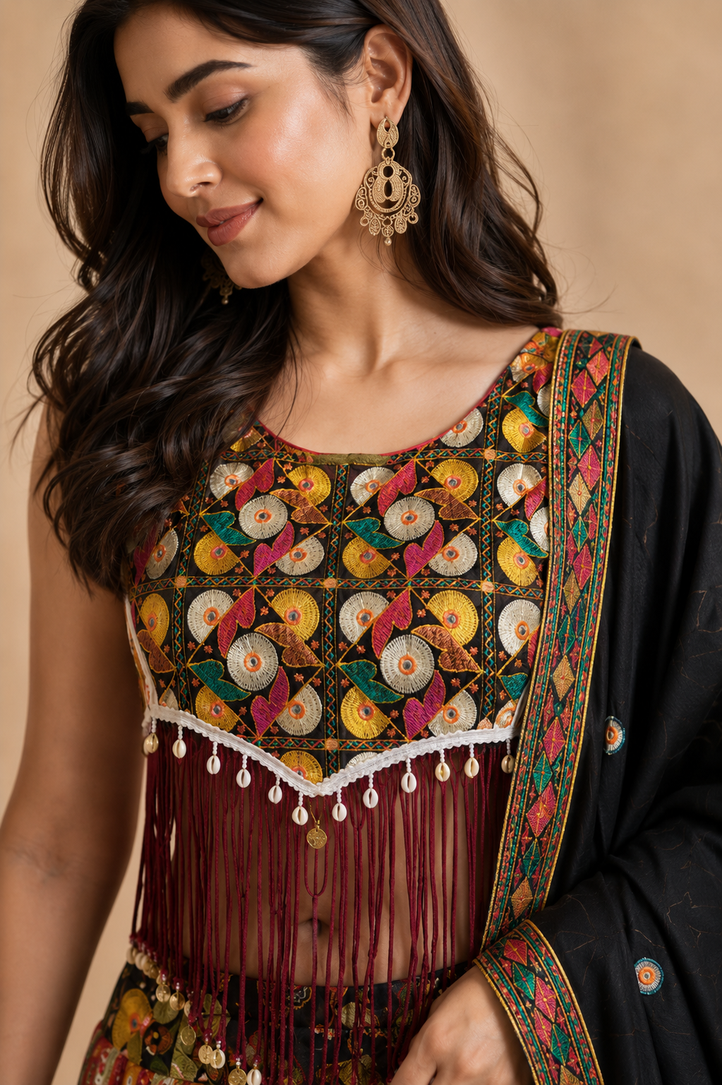 Black Multicolor Printed Navratri Chaniya Choli with Kutchi Embroidery