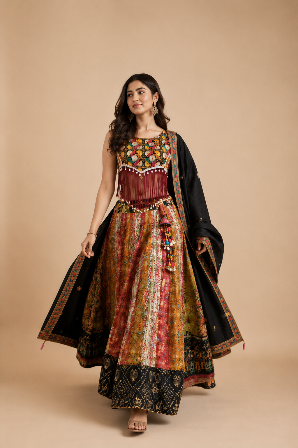 Black Multicolor Printed Navratri Chaniya Choli with Kutchi Embroidery