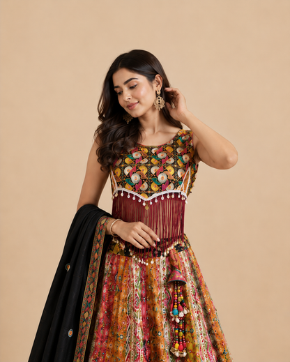 Black Multicolor Printed Navratri Chaniya Choli with Kutchi Embroidery
