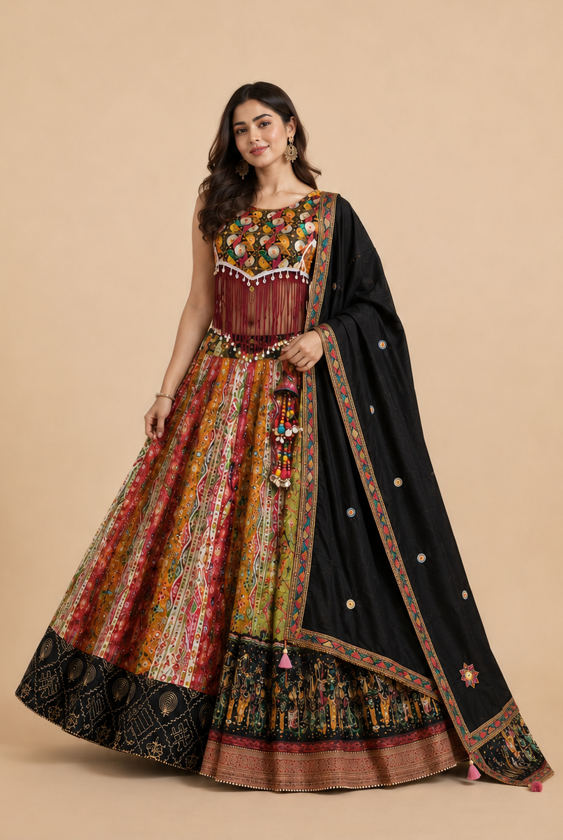 Black Multicolor Printed Navratri Chaniya Choli with Kutchi Embroidery