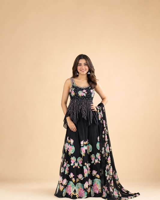 Black Pink Lotus Floral Embroidered Lehenga Choli Set with Sequins Work Dupatta