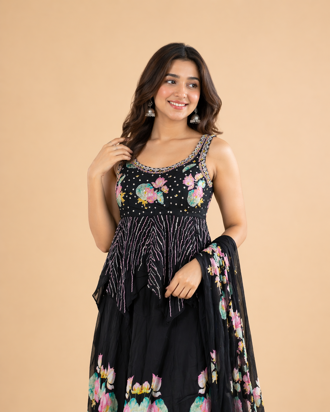 Black Pink Lotus Floral Embroidered Lehenga Choli Set with Sequins Work Dupatta