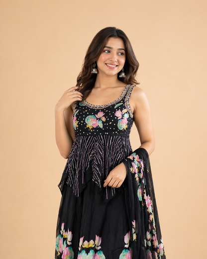 Black Pink Lotus Floral Embroidered Lehenga Choli Set with Sequins Work Dupatta