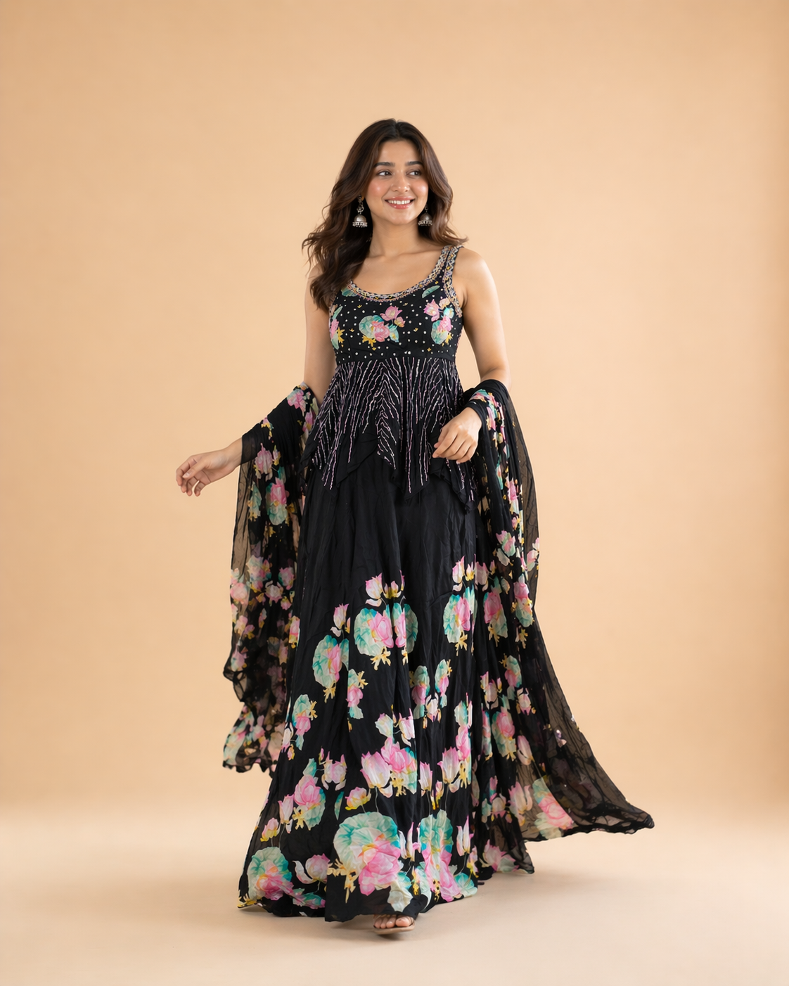 Black Pink Lotus Floral Embroidered Lehenga Choli Set with Sequins Work Dupatta