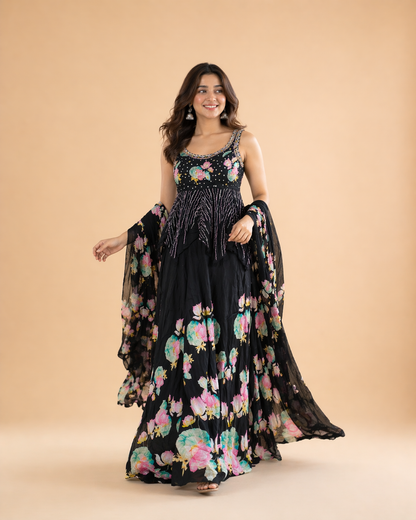 Black Pink Lotus Floral Embroidered Lehenga Choli Set with Sequins Work Dupatta