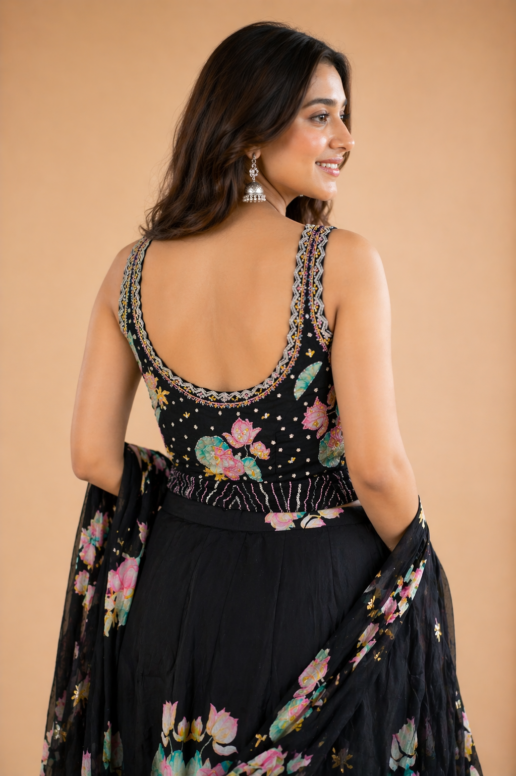 Black Pink Lotus Floral Embroidered Lehenga Choli Set with Sequins Work Dupatta