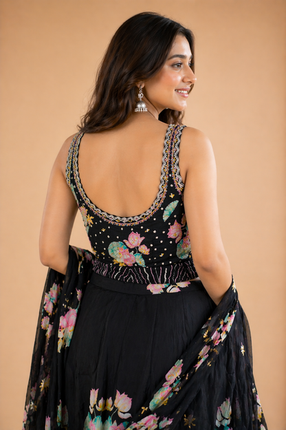 Black Pink Lotus Floral Embroidered Lehenga Choli Set with Sequins Work Dupatta