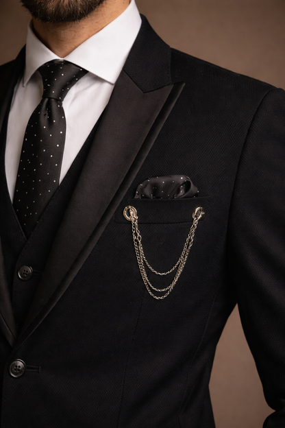 Black Satin Lapel Three-Piece Formal Suit for Men with Waistcoat & Tie
