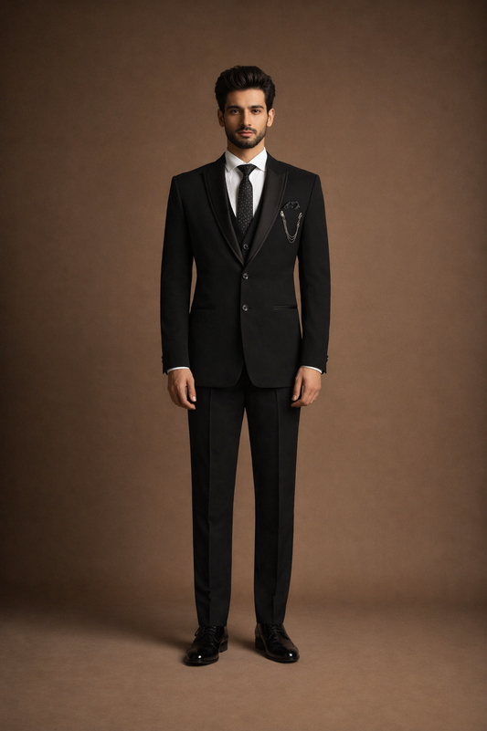 Black Satin Lapel Three-Piece Formal Suit for Men with Waistcoat & Tie