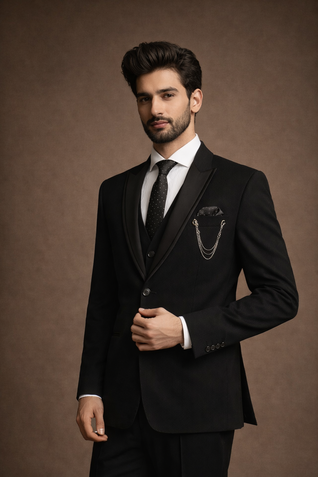 Black Satin Lapel Three-Piece Formal Suit for Men with Waistcoat & Tie