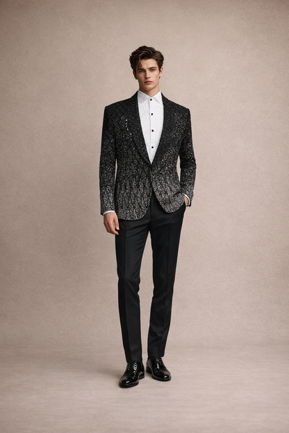 Black Sequin Embroidered Designer Tuxedo Blazer