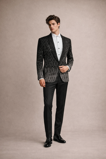 Black Sequin Embroidered Designer Tuxedo Blazer