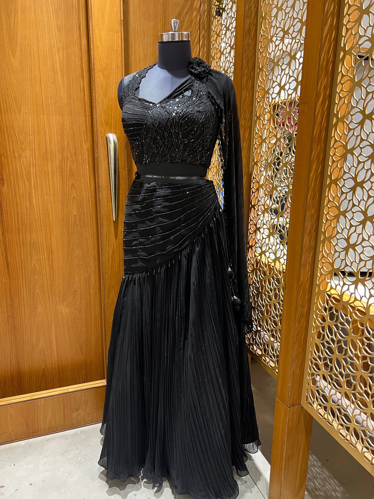 Black Sequin Embroidered Gown with Pleated Skirt