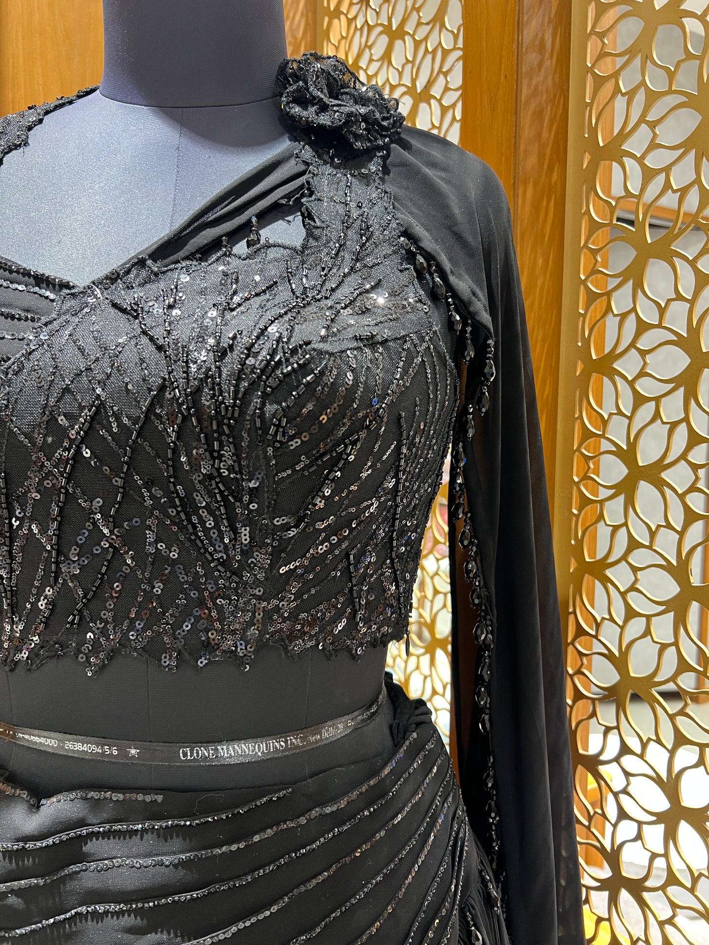Black Sequin Embroidered Gown with Pleated Skirt