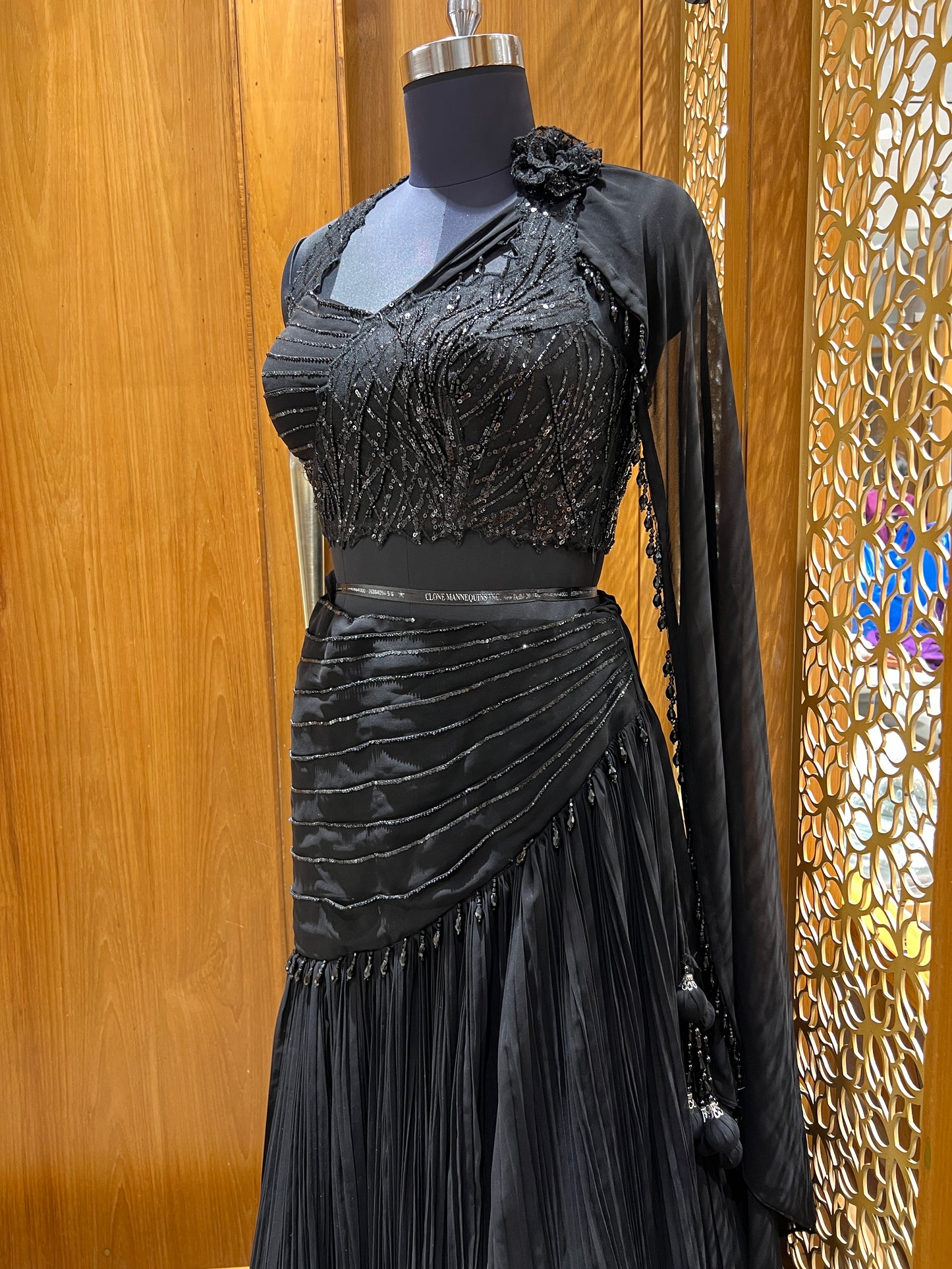 Black Sequin Embroidered Gown with Pleated Skirt
