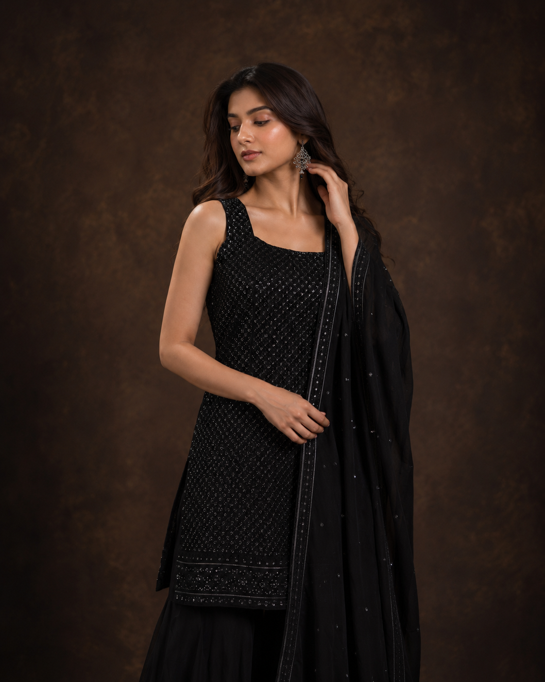 Black Sequin Embroidered Sleeveless Kurti Sharara Set with Embellished Dupatta