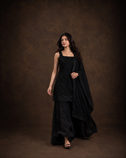 Black Sequin Embroidered Sleeveless Kurti Sharara Set with Embellished Dupatta