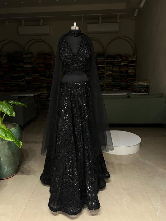 Black Sequins Pre-Draped Saree Style Lehenga with Halter Blouse & Cape Dupatta