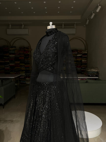 Black Sequins Pre-Draped Saree Style Lehenga with Halter Blouse & Cape Dupatta