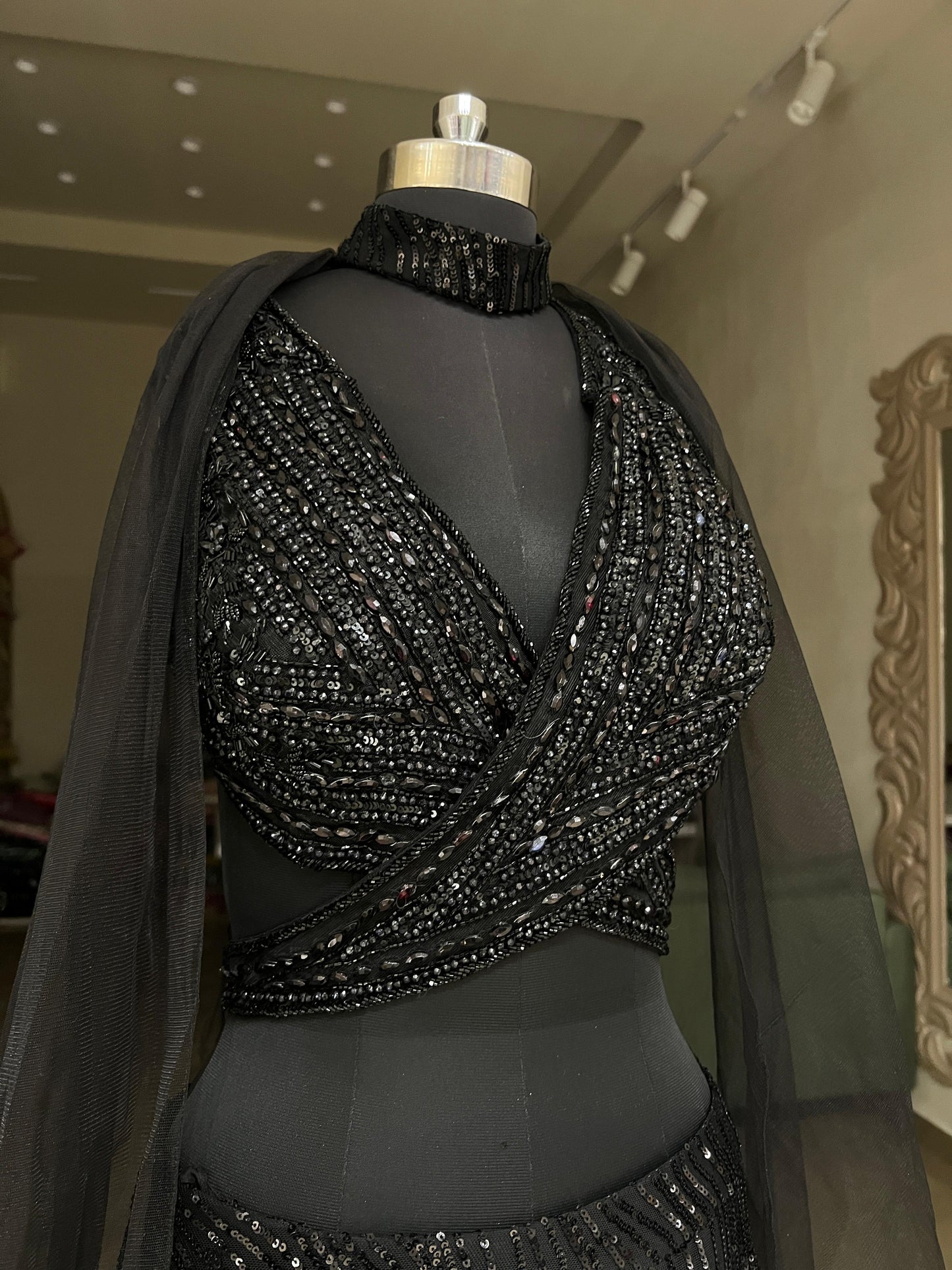 Black Sequins Pre-Draped Saree Style Lehenga with Halter Blouse & Cape Dupatta