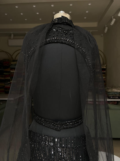Black Sequins Pre-Draped Saree Style Lehenga with Halter Blouse & Cape Dupatta