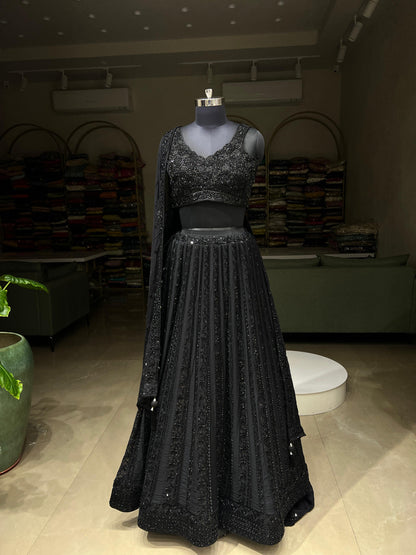 Black Sequins & Beadwork Embroidered Partywear Lehenga Set