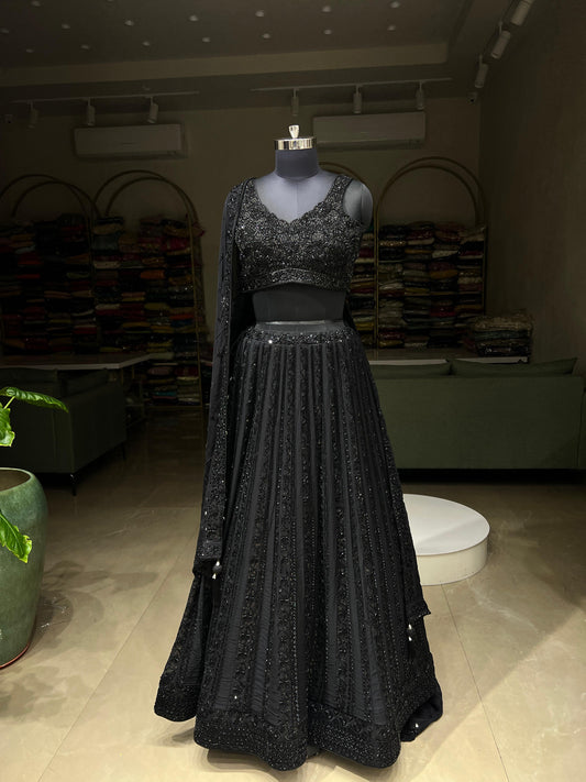 Black Sequins & Beadwork Embroidered Partywear Lehenga Set