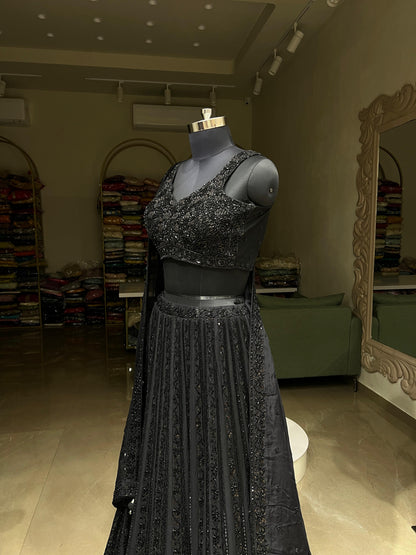 Black Sequins & Beadwork Embroidered Partywear Lehenga Set