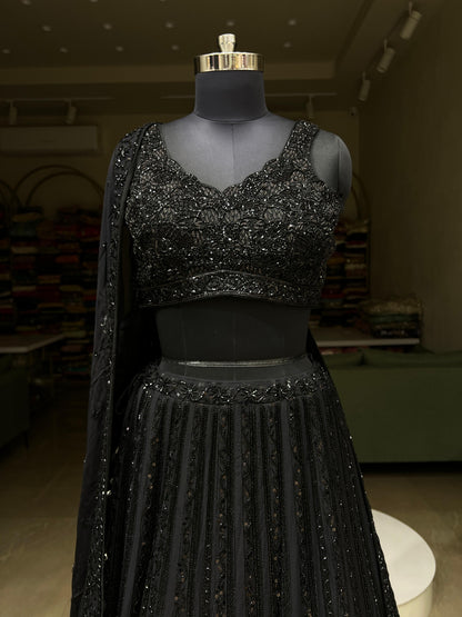 Black Sequins & Beadwork Embroidered Partywear Lehenga Set