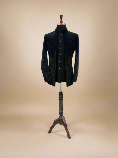 Black Textured Indo Western Sherwani with Sequin Detailing
