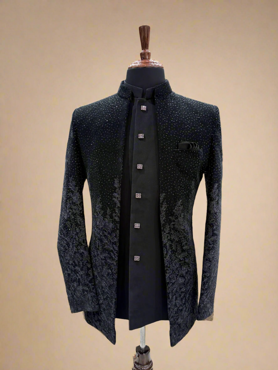 Black Textured Indo Western Sherwani with Sequin Detailing