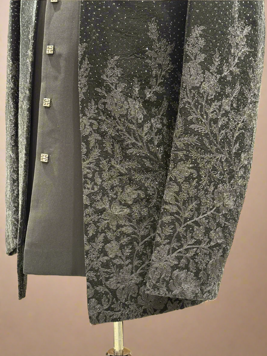 Black Textured Indo Western Sherwani with Sequin Detailing