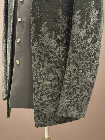 Black Textured Indo Western Sherwani with Sequin Detailing