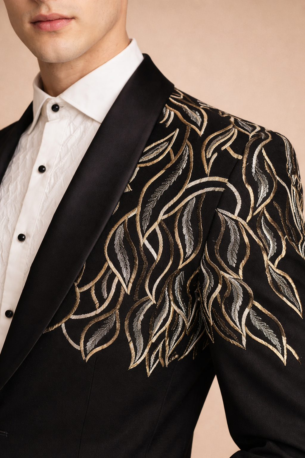 Black Tuxedo Blazer with Gold & Silver Leaf Embroidery