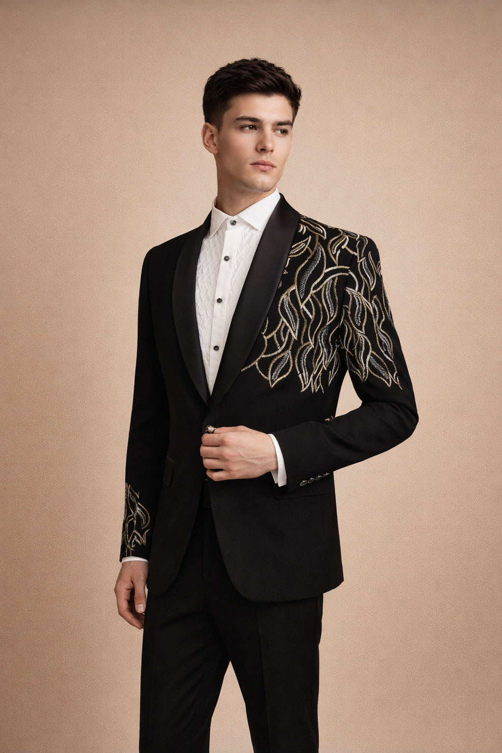 Black Tuxedo Blazer with Gold & Silver Leaf Embroidery
