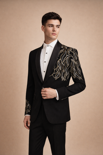 Black Tuxedo Blazer with Gold & Silver Leaf Embroidery