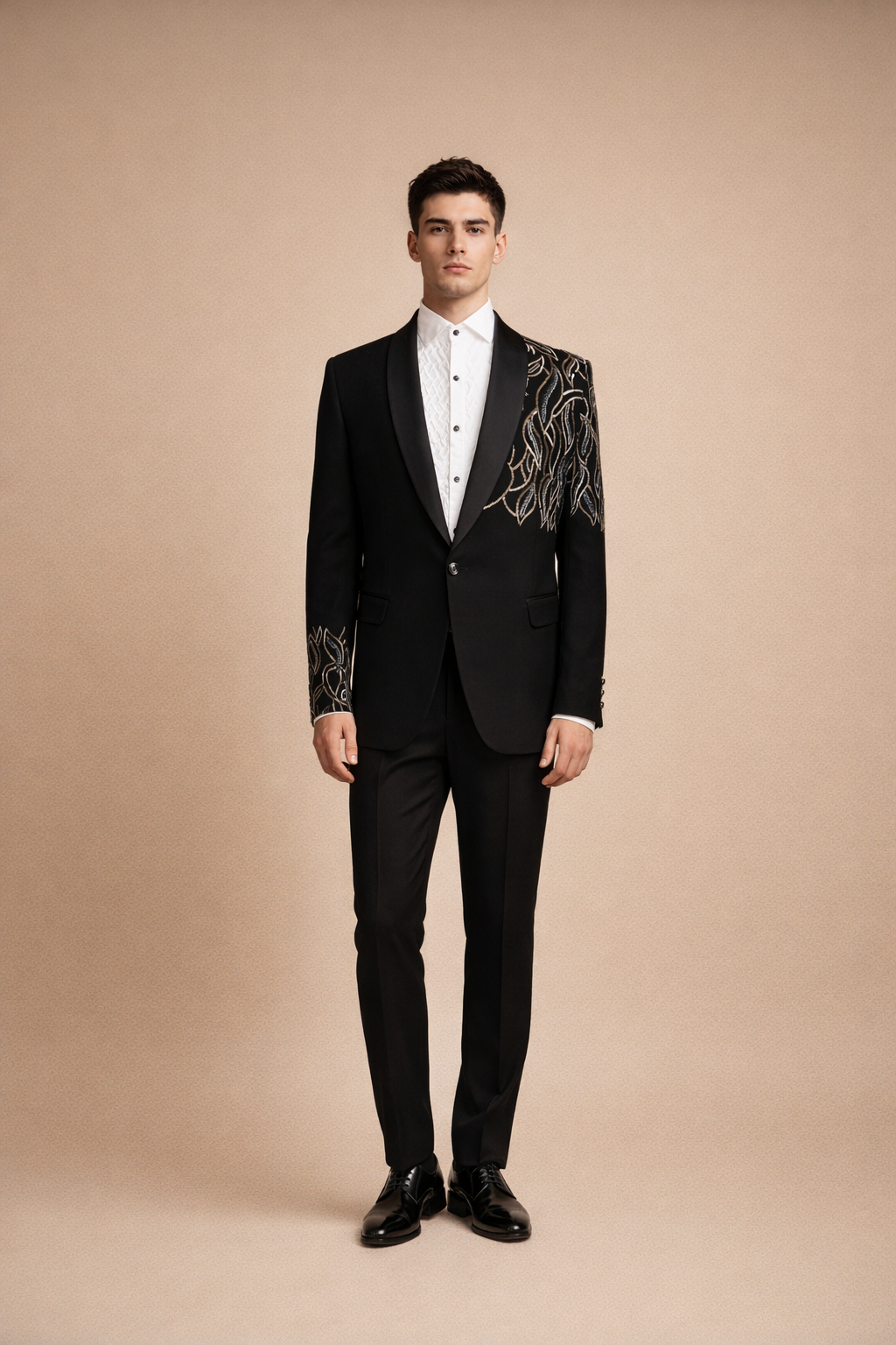 Black Tuxedo Blazer with Gold & Silver Leaf Embroidery
