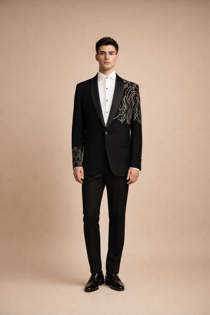 Black Tuxedo Blazer with Gold & Silver Leaf Embroidery