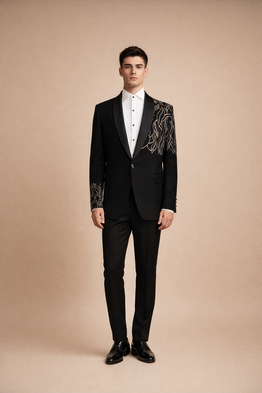 Black Tuxedo Blazer with Gold & Silver Leaf Embroidery