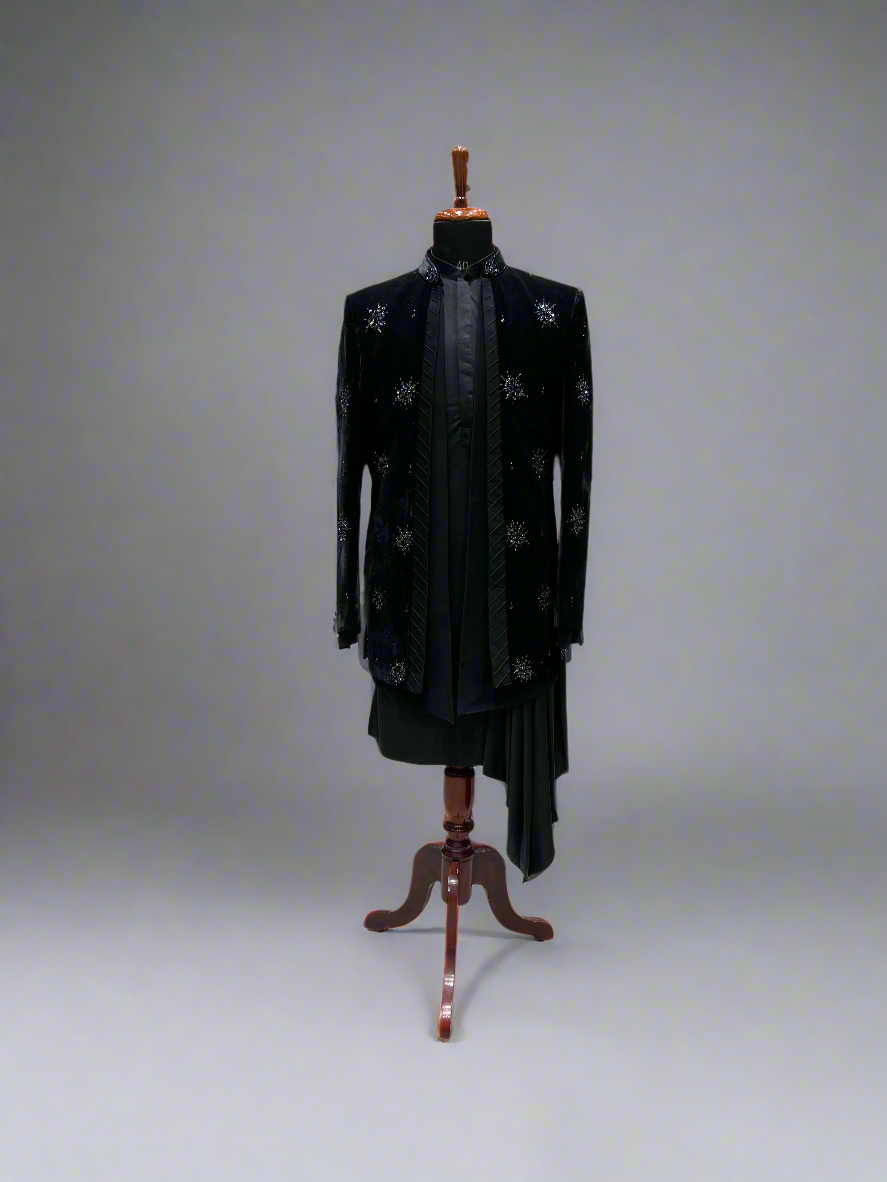 Black Velvet Indo-Western Set with Crystal Motif Detailing